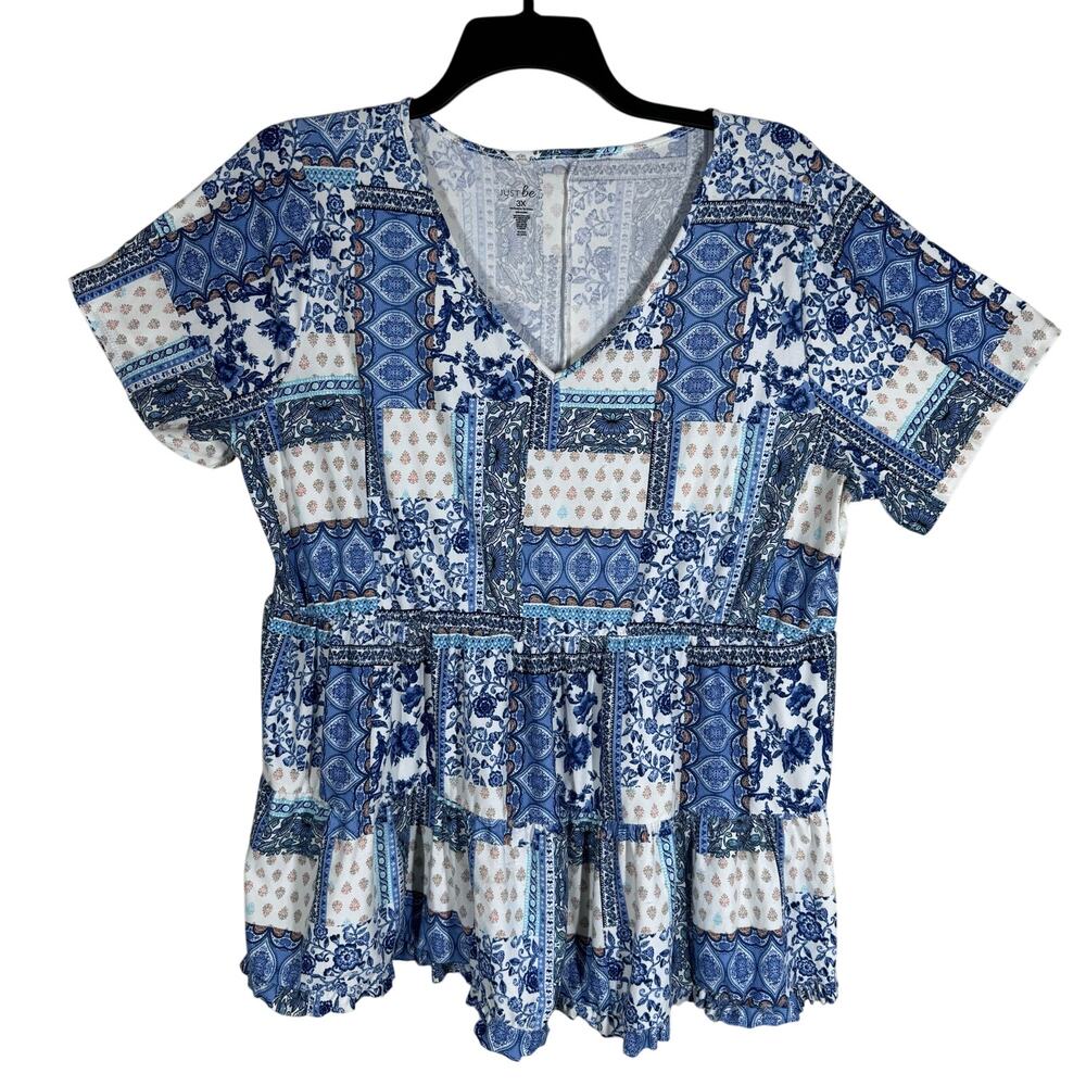 Just Be Women Plaid Patchwork Paisley‎ Top Size 3X Blue Country Western Casual
